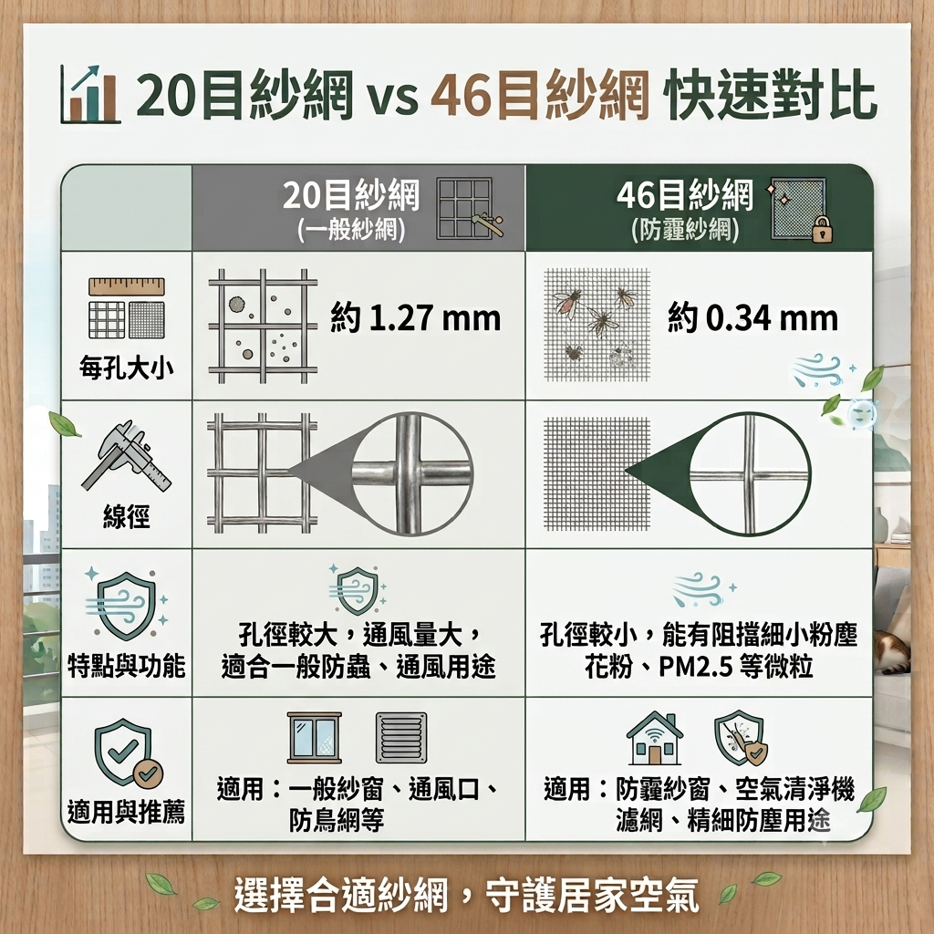 20目 vs 46目紗網核心指標快速對比